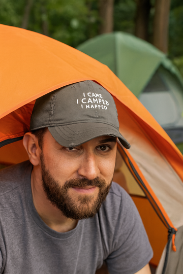 I Came. I Camped. I Napped. – Distressed Dad Hat
